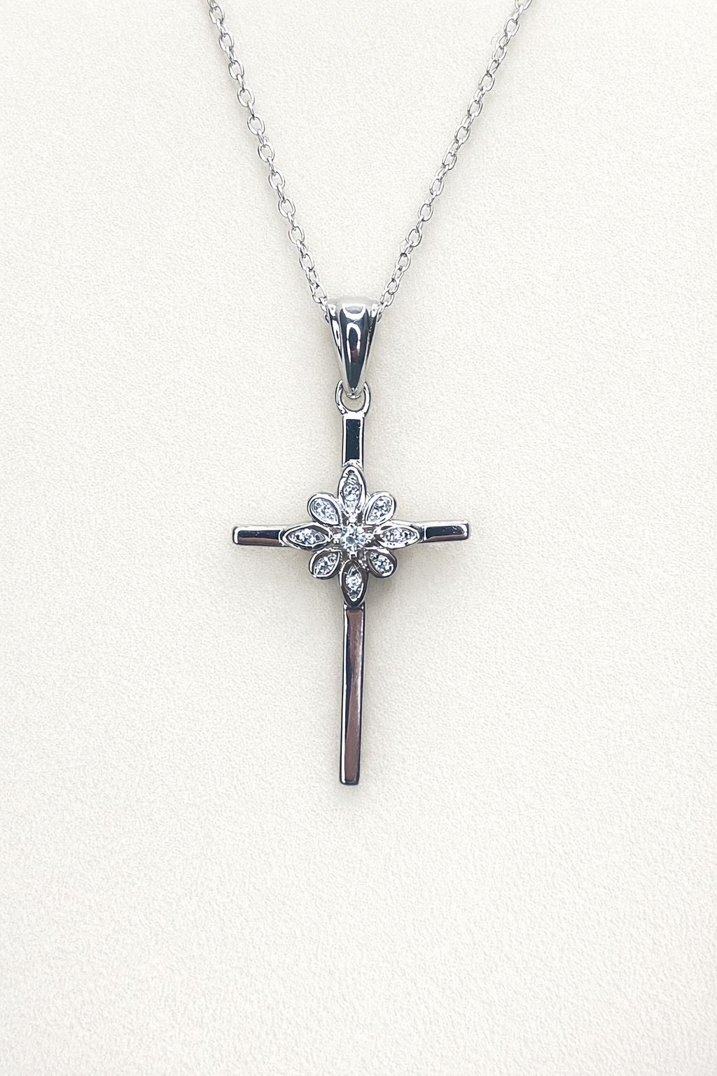 .925 Sterling Silver Cross Pendant Necklace with CZ