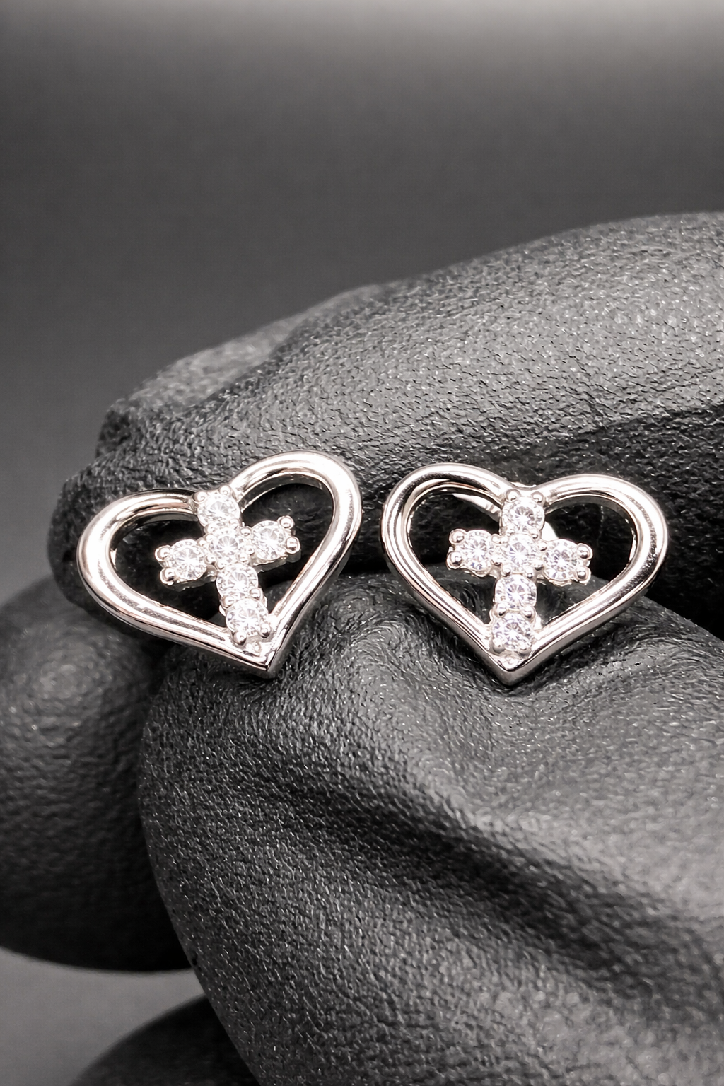 .925 Sterling Silver Cross In Heart Stud Earrings CZ Stone