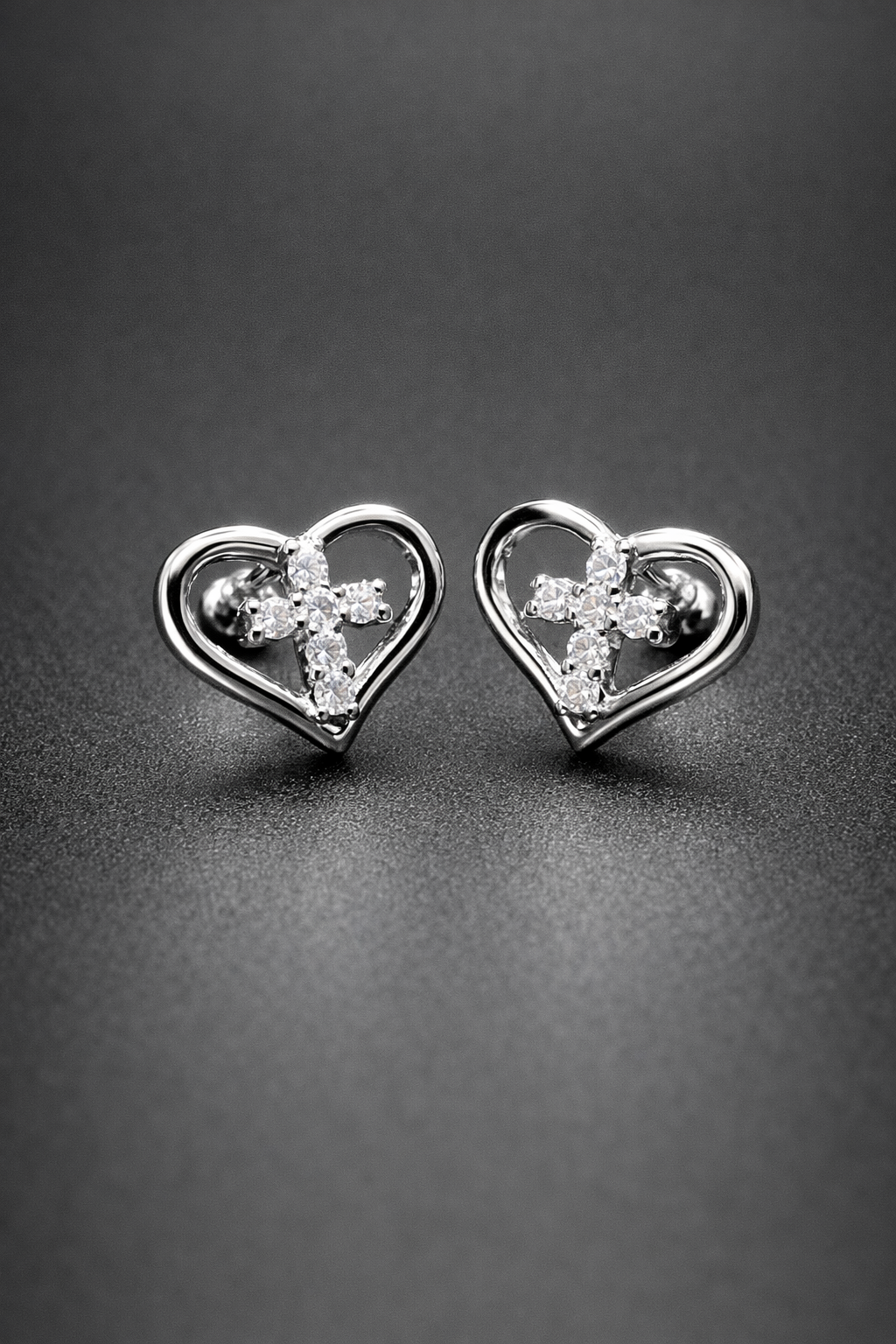 .925 Sterling Silver Cross In Heart Stud Earrings CZ Stone