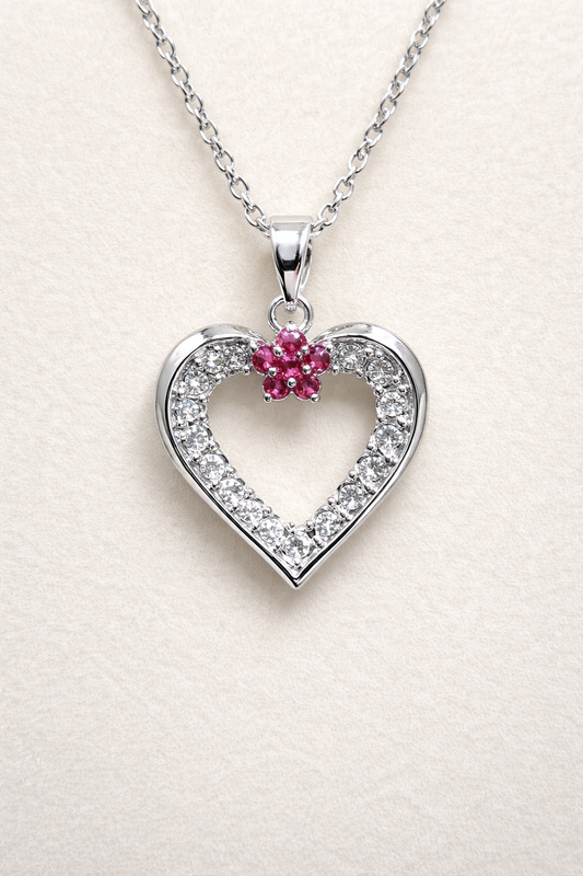 .925 Sterling Silver Open Heart With Flower CZ Stone Multicolor Rhodium Plated