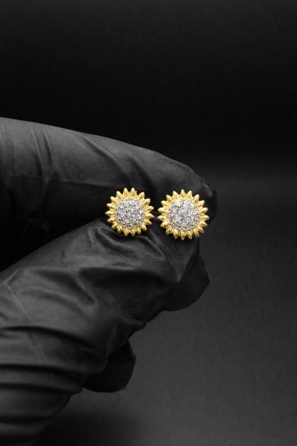 .925 Sterling Silver Rhodium Plated 2 Toned Sunflower CZ Stud Earrings