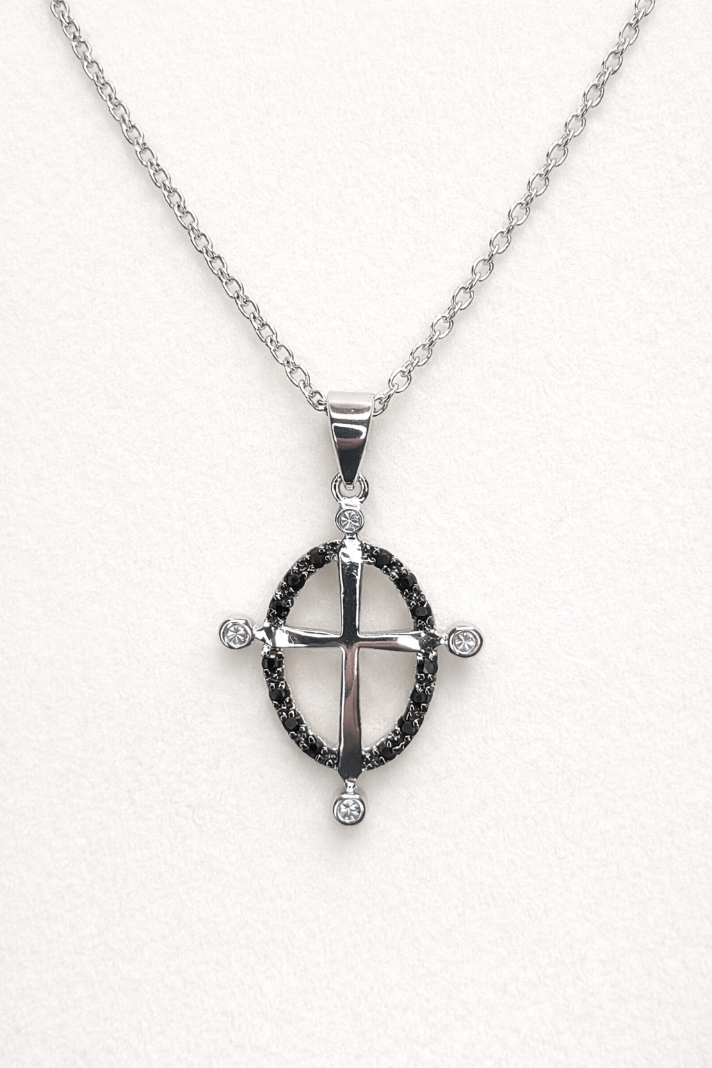 Sterling Silver .925 Rhodium Plated Open Black Circle Cross CZ Necklace