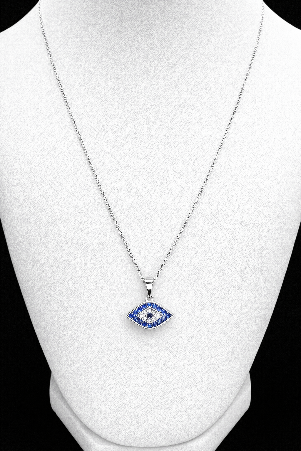 .925 Sterling Silver Evil Eye Necklace CZ Stones Multicolor Rhodium Plated