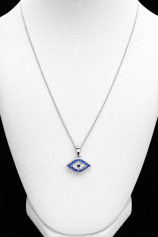 .925 Sterling Silver Evil Eye Necklace CZ Stones Multicolor Rhodium Plated
