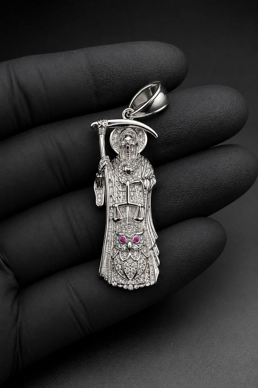 .925 Sterling Silver Santa Muerte CZ Pendant