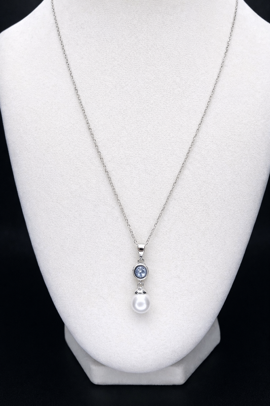 .925 Sterling Silver Rhodium Plated CZ & Synthetic Pearl Drop Necklace