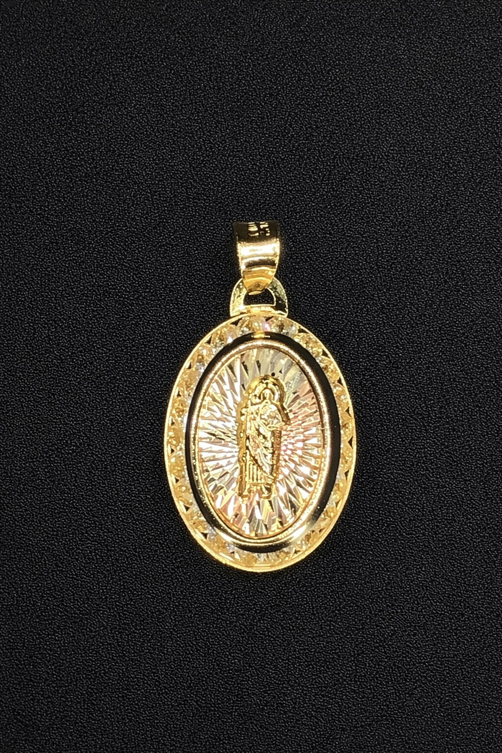 14 Karat Gold 3 Tone Diamond Cut CZ 21 Stone St. Jude Medallion Pendant