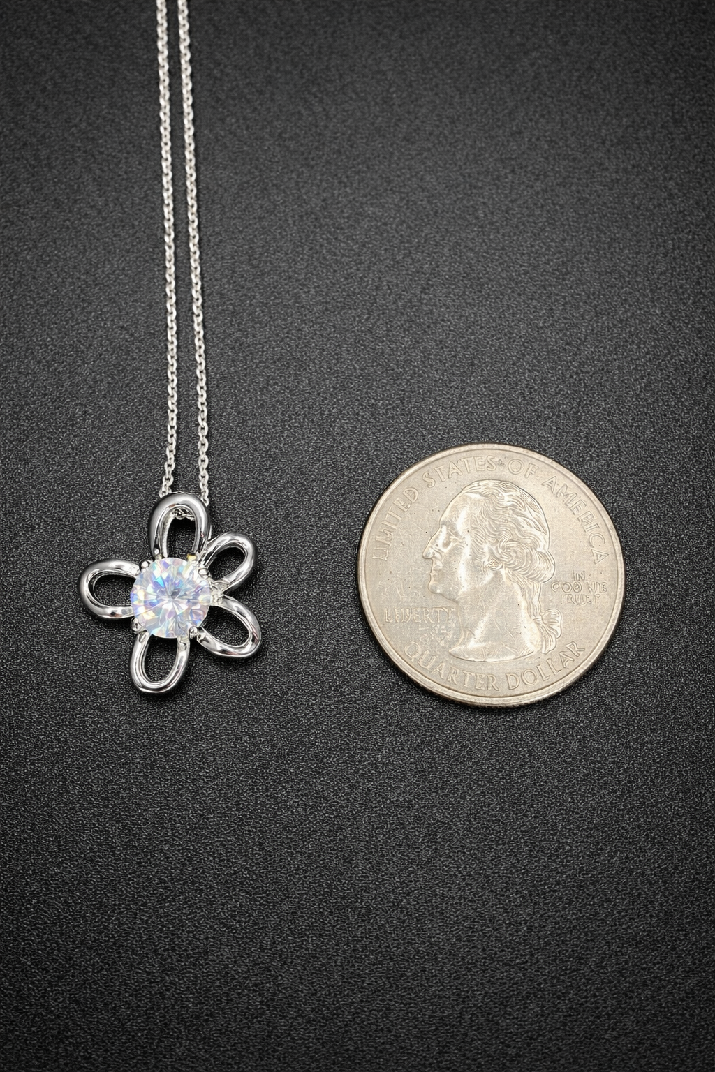 .925 Sterling Silver Rhodium Plated Open Flower Center CZ Necklace