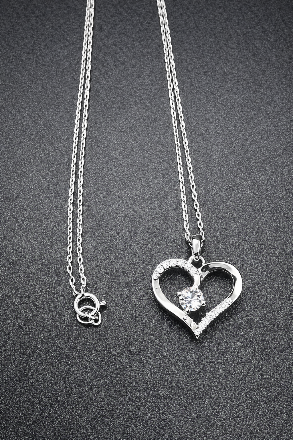 .925 Sterling Silver Open Heart Clear CZ Stone Necklace Rhodium Plated