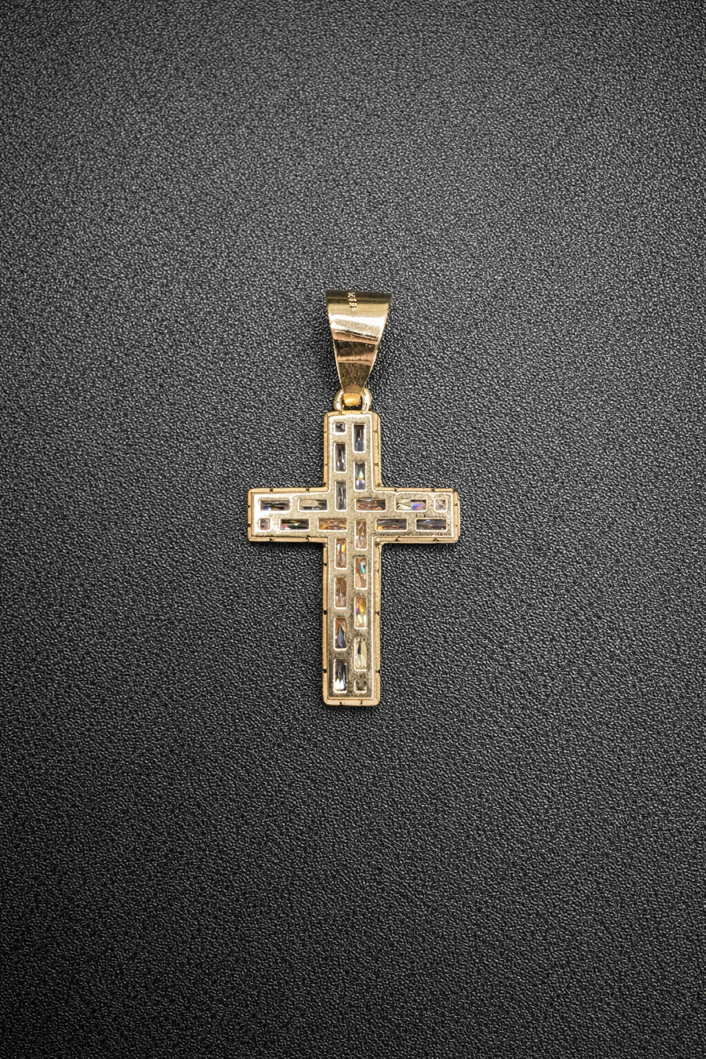 14 Karat Yellow Gold Crucifix Baguette 19 Clear CZ Pendant