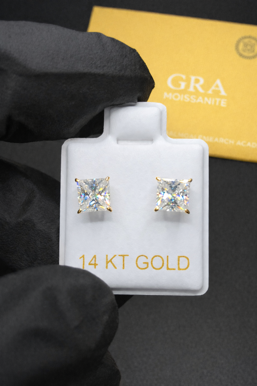 14K Yellow Gold Square Moissanite Stud Screw Back Earrings