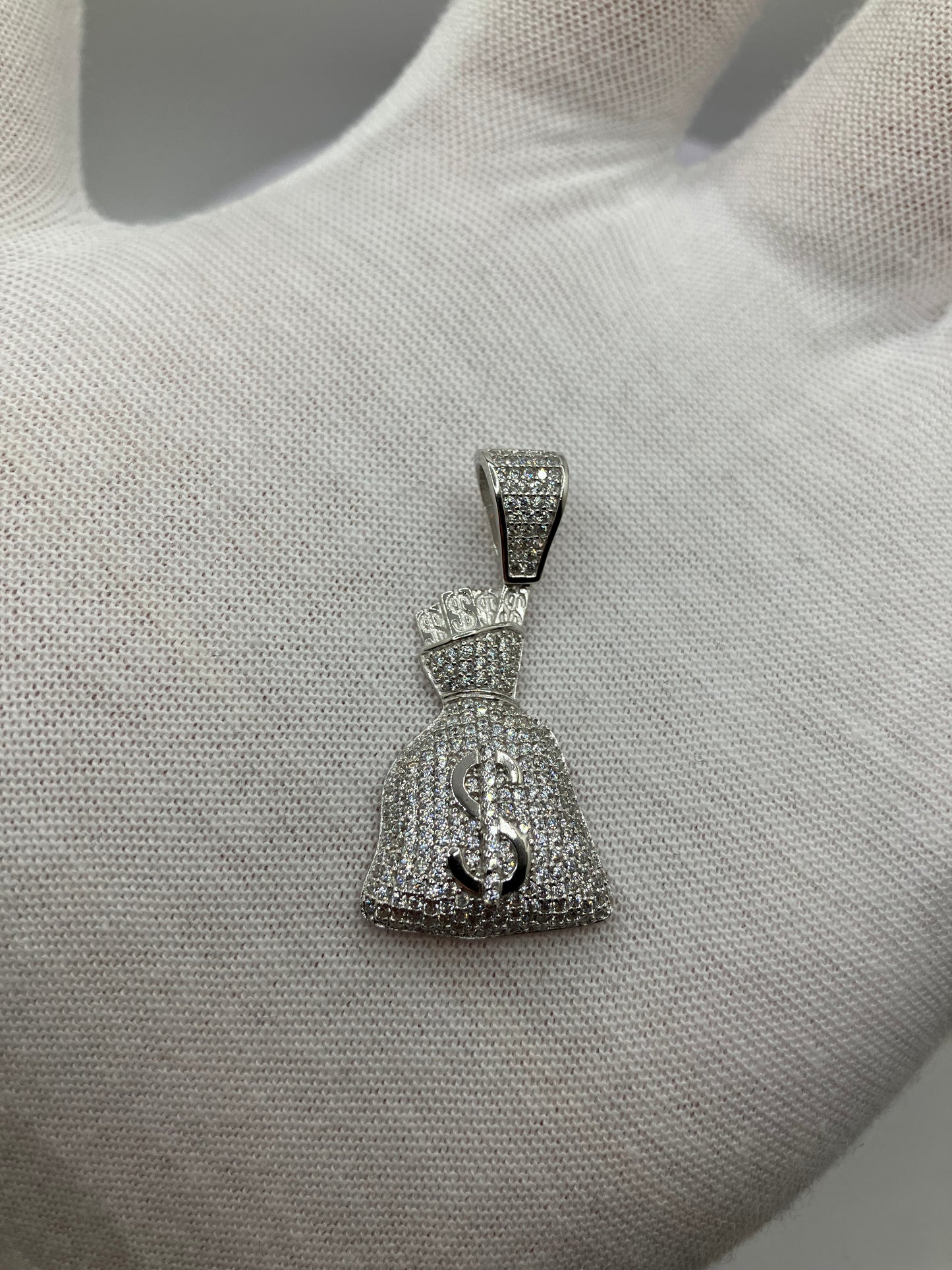 .925 Sterling Silver CZ Money Bag Pendant
