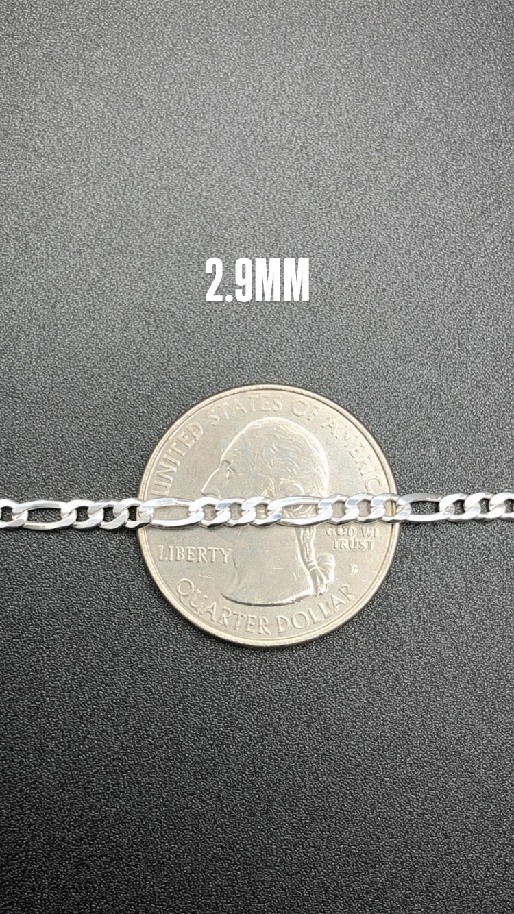 2.9MM .925 Sterling Silver Diamond Cut High Polished Figaro Chains Made In Italy