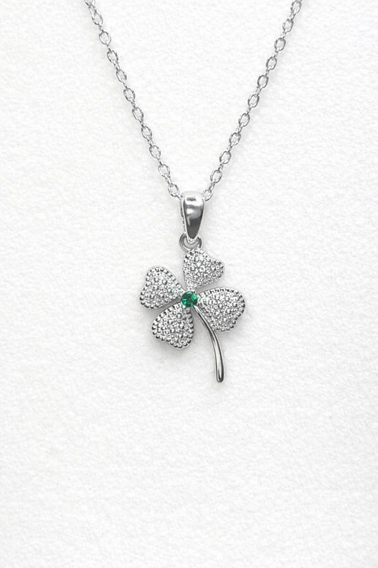 .925 Sterling Silver Lucky Clover Necklace CZ Stones Multicolor Rhodium Plated
