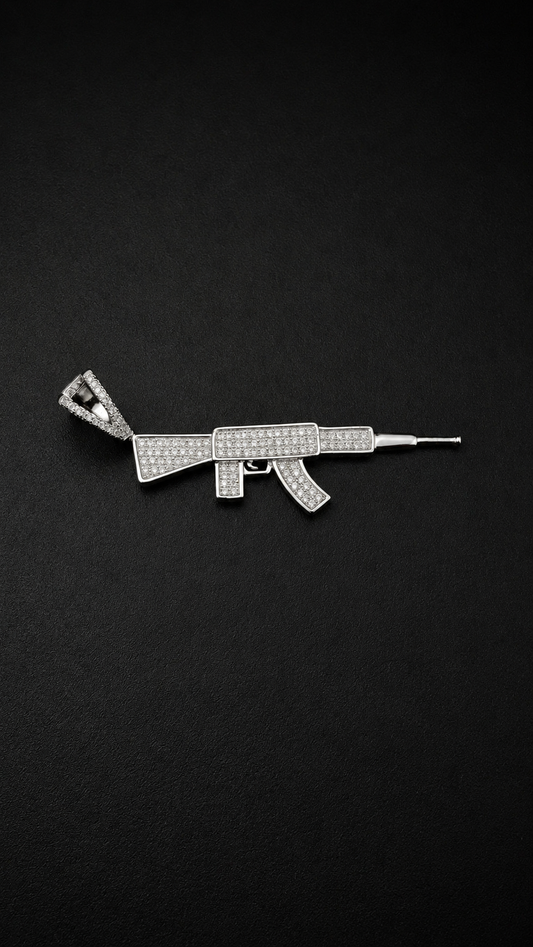 .925 Sterling Silver Iced Out CZ Rifle Pendant