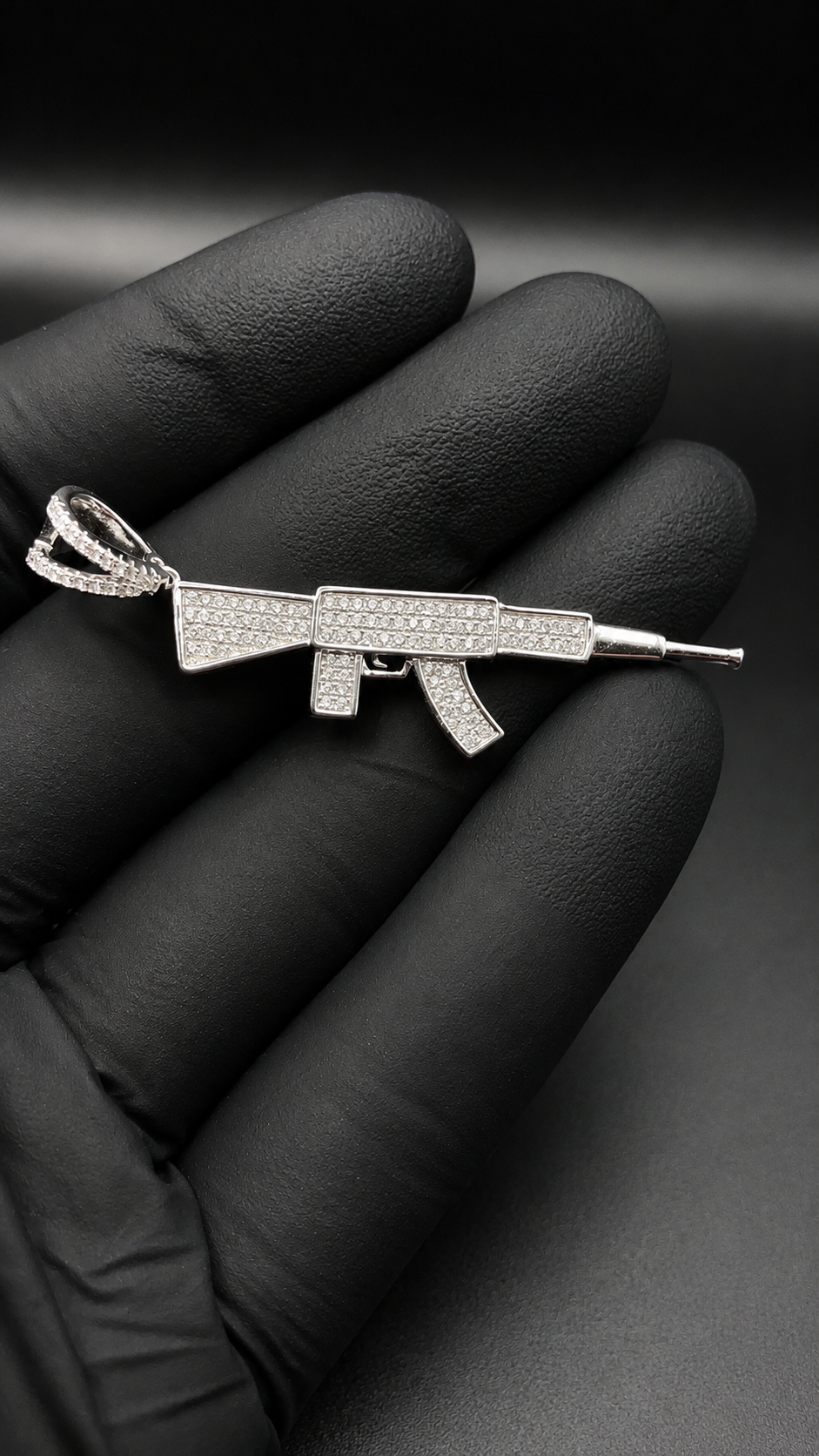 .925 Sterling Silver Iced Out CZ Rifle Pendant