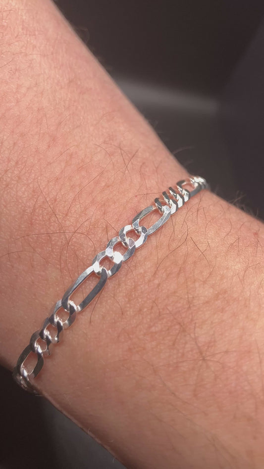 .925 Sterling Silver High Polished Diamond Cut Figaro 120 Bracelet 4.9MM