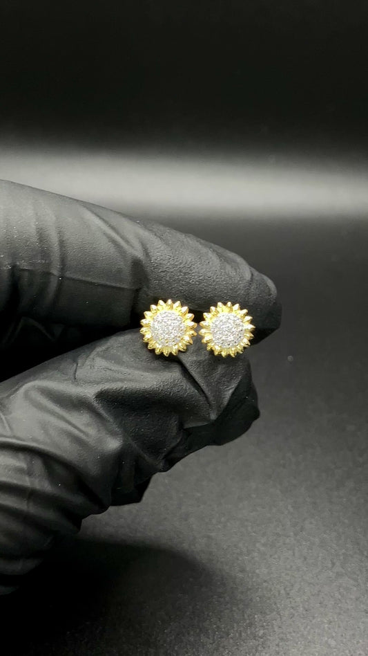 .925 Sterling Silver Rhodium Plated 2 Toned Sunflower CZ Stud Earrings