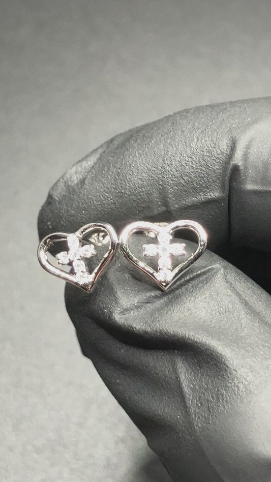 .925 Sterling Silver Cross In Heart Stud Earrings CZ Stone